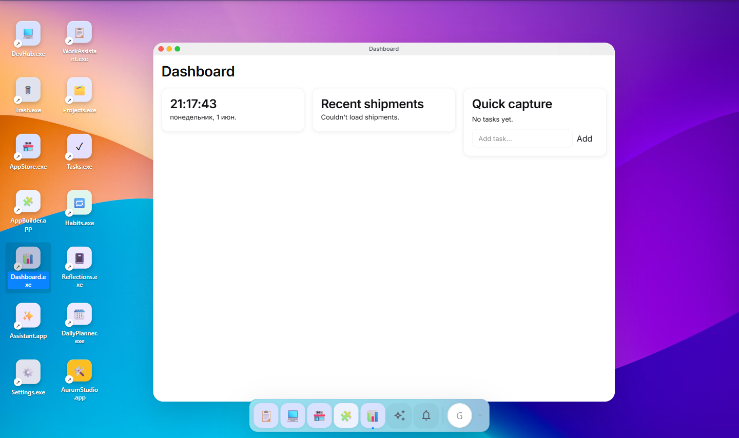Dashboard app open in a window